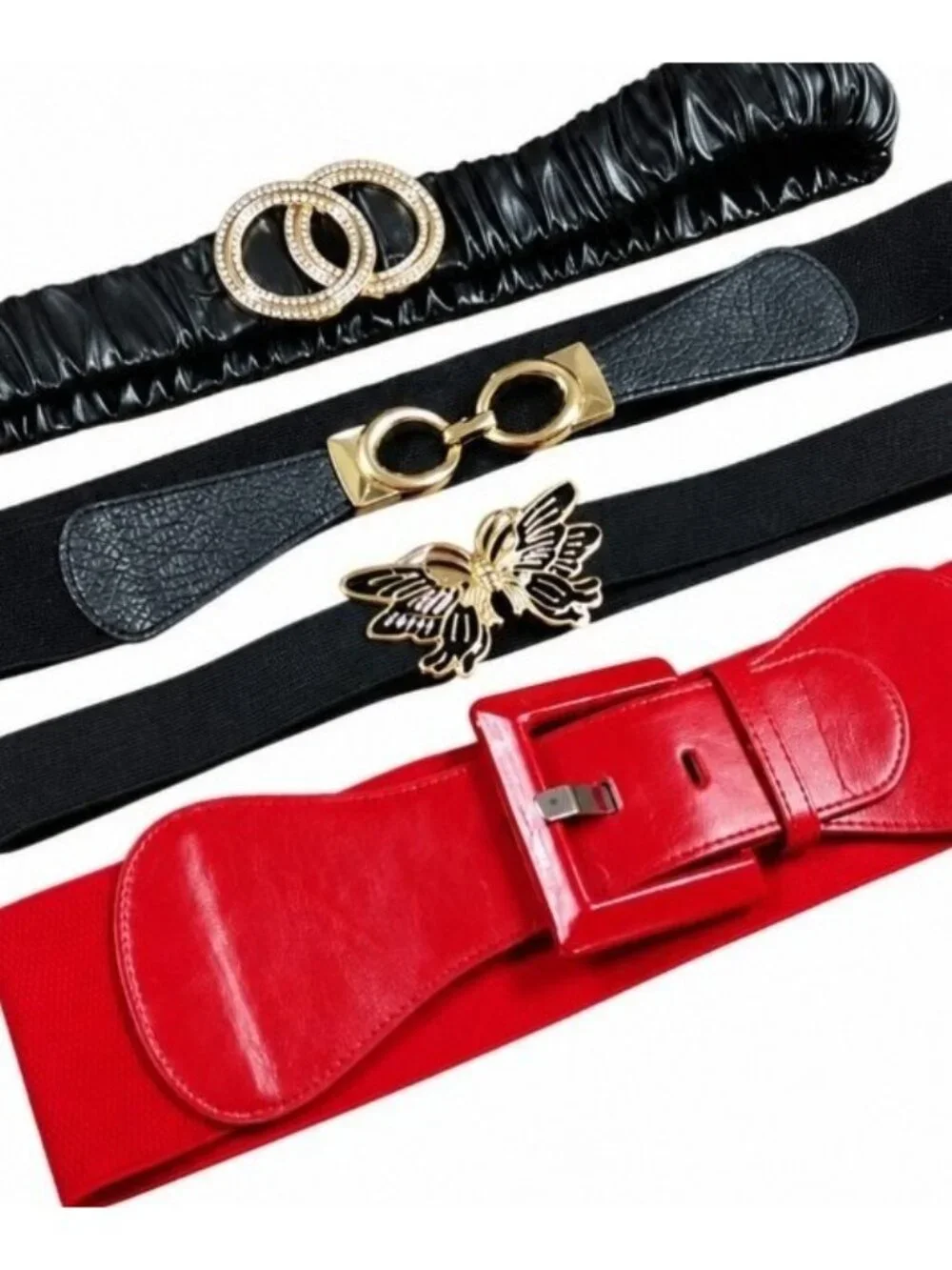 Vintage 90s Womens Belt Lot 4pc Stretch Statement Buckles Rhinestone Butterfly